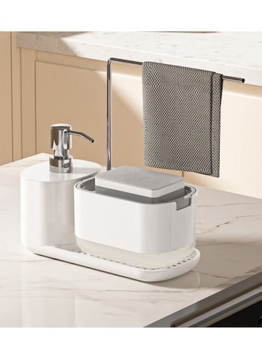 Hand and Dish Soap Dispenser Set for Kitchen, Dual Soap Pump Dispenser with Towel Rack and Sponge Holder, Kitchen Accessories Sink caddy, Kitchen Sink Organizer Storage Rack.