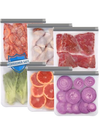 6 Pack Reusable Gallon Freezer Bags Dishwasher Safe, BPA Free Reusable 1 Gallon Bags Silicone, Leakproof Reusable Storage Bags for Marinate Meats, Cereal, Vegetables, Home Organization(Grey)