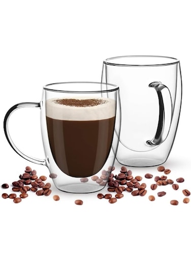 2 Piece Double Walled Glass Coffee Mugs With Handle, Large Insulated Layer Coffee Cups, Clear Borosilicate Mugs, Perfect For Espresso, Cappuccino, Tea, Latte, Wine [5Oz/150Ml, 2-Piece Set]