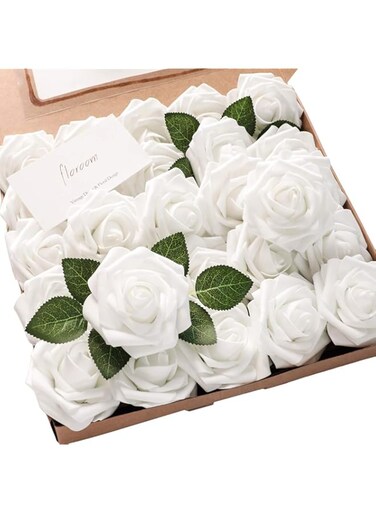 Floroom Artificial Flowers 25pcs Real Looking White Foam Fake Roses with Stems for DIY Wedding Bouquets Bridal Shower Centerpieces Floral Arrangements Party Tables Home Decorations