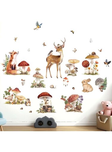 Amimagen Woodland Animal Wall Decals - Mushroom Deer Fox Rabbit Forest Wall Stickers - Baby Nursery Kids Girls Bedroom Daycare Wall Decor