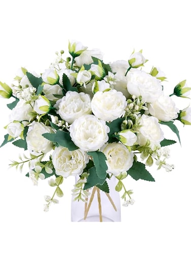 Floweroyal 4 Bunches Peony Artificial Flowers White Flowers Silk Peonies Bouquets for Wedding Party Table Centerpieces Floral Arrangement Home Kitchen Decor.