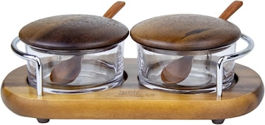 2 Glass Spice Jars Condiment Pot Storage with Wooden Lid, Spoon, Base and Chrome Handle Canisters Seasoning Box for Condiment, Salt, Sugar, Herb, Brown/Clear