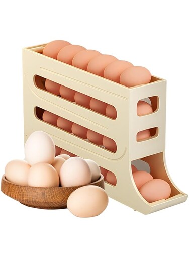 SACLI 4 Tiers Tilted Design Rolling Egg Storage Rack Box,Egg Holder for Fridge,Auto Egg Dispenser,Anti Fall Egg Carton,Large Capacity Egg Organizer for Kitchen Countertop Cabinets (Yellow)