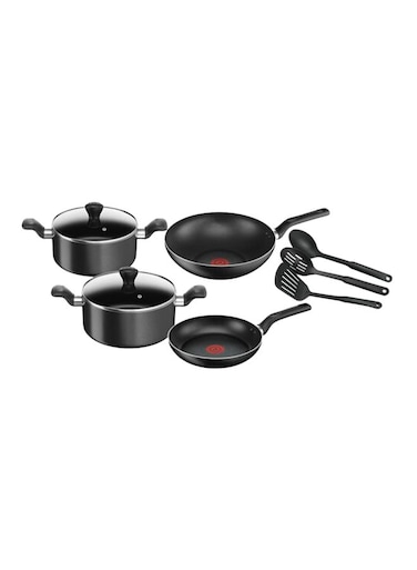 Tefal Cookware Set Of 9 PCs, Super Cook, Frypan 24cm/Wokpan 28cm/Stewpots 22/24cm/Spoon/Slotted Spoon/Slotted Spatula, Aluminium Non-Stick With Thermo Signal, Black, B459S984, 24,28,22,24cm