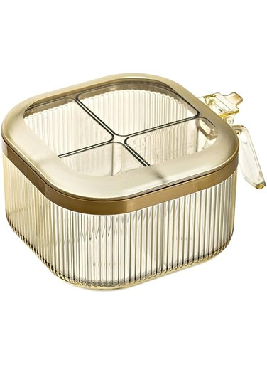 Excefore 4 Compartments Seasoning Box With Lid,Seasoning Box with Cover and Serving Spoons,Kitchen Condiment Jars,Clear Seasoning Storage Box Container,Plastic Seasoning Box Set(Yellow)