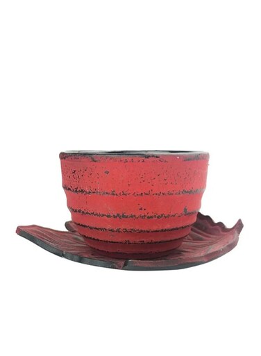 Durable Enameled Coated Cast Iron Tea Cup &amp; Leaf Saucer For Homes or Restaurants 0.1L Red