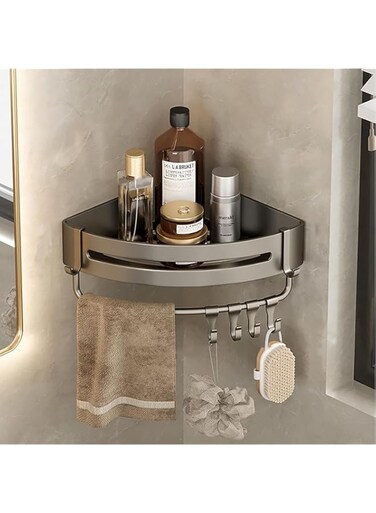 Bathroom Floating Shower Shelves Organizer, Wall Mounted Storage Shelves with Metal Frame, Towel Rack, Adhesive Shower Organizer for Bathroom Storage &amp; Kitchen (With hanging bar, style 1)