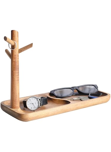CYQGDKF Wood Key Tray for Entryway Table, Jewelry Tray, Catchall Tray with 3 Stand Hanging Organizer, for Rings, Phone, Bracelets Watches