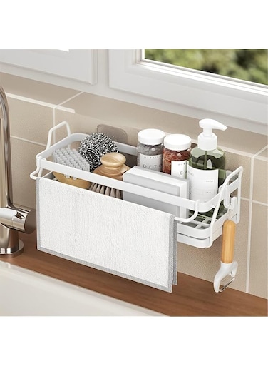 3-in-1 Sink Caddy,Adhesive Sponge Holder for Kitchen Sink Kitchen Sponge Holder + Brush Holder + Hooks, Kitchen Sink Organizer,Rust Proof, Water Proof (White)