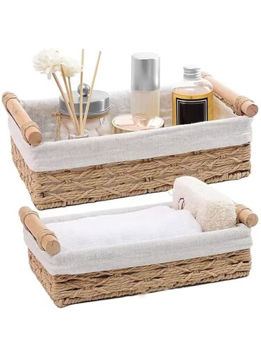 Aokraty 2Pcs Storage Baskets, Rectangle Woven Home Storage Baskets with Washable Liner, Paper Rope Storage Baskets Straw Rattan Basket for Organizing with Handle, Cosmetic Storage Box