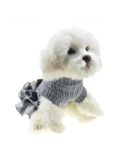 Winter Warm Dog Sweater Dress Tutu Skirt Pet Cat Knitted Clothes for Small Medium Dog Girls (Grey, M)