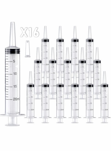 Syringe Set - 20ml Large Syringes for Liquid Measurement, Watering, Feeding Pets - Sterile and Individually Sealed - Ideal for Labs, Oil, Glue Application - Pack of 16