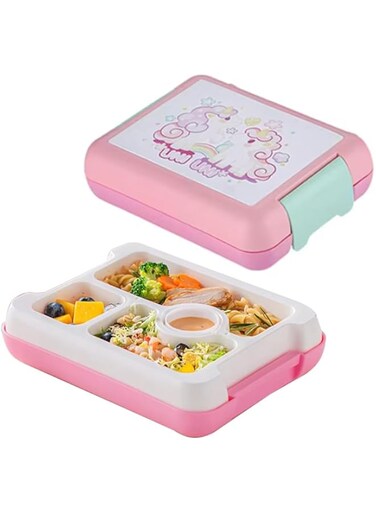 BrainGiggles Unicorn Bento Lunch Box -Leakproof, BPA-Free, Airtight Tiffin with Spoon &amp; Fork- 4 Compartments Bento Box For Kids with Handle (Pink)