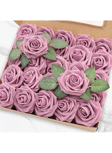 Artificial Rose Flowers, Dusty Pink Foam Roses with Green Leaves, Wedding Party Home Decorations Beautiful flowers 25 Pcs
