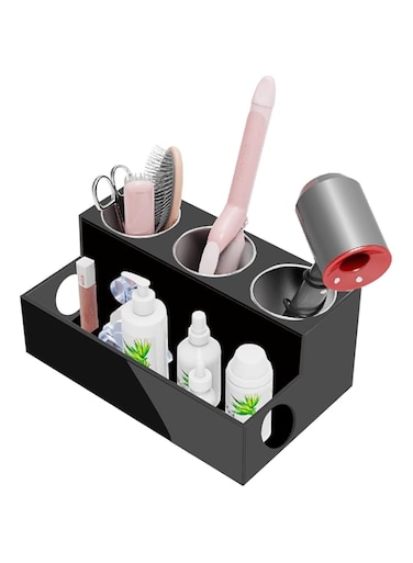 PecMuikee Hair Tool Organizer, Acrylic Hair Tool Caddy Countertop Blow Dryer Stand Storage with 3 Cups for Bathroom, Bedroom, Office, Black