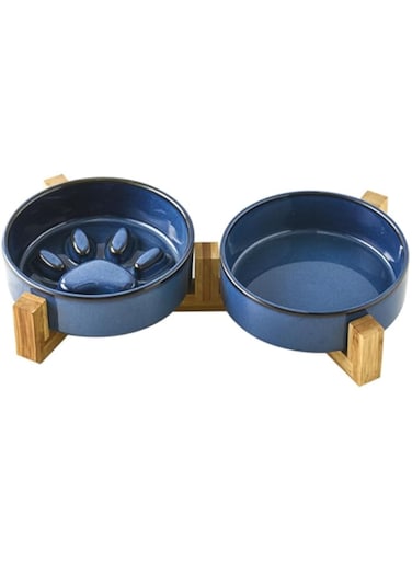 HENAE Ceramic Cat Dog Bowl Dish with Wood Stand No Spill Pet Food Water Feeder Eating Slowly No Tip Over Dog Comfort Food Bowls Stoneware Pet Bowl for Cats Dogs (Navy)