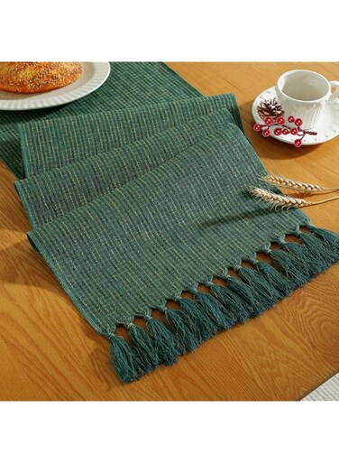 Laolitou Rustic Table Runner with Tassels, Boho Farmhouse Christmas Table Runners 90 Inches Long for Holiday Party, Wedding and Dining Table Decor, 13x90 Inches, Dark Green