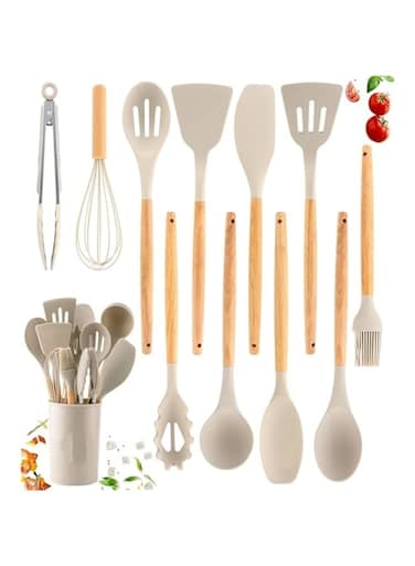 Disnie Silicone Cooking Utensil Set, 12pcs Kitchen Utensil Set for All type of Cookwares, Non Toxic Heat Resistant Wooden Handles Kitchenware Set (12-Pcs Kitchenware Set - Beige)