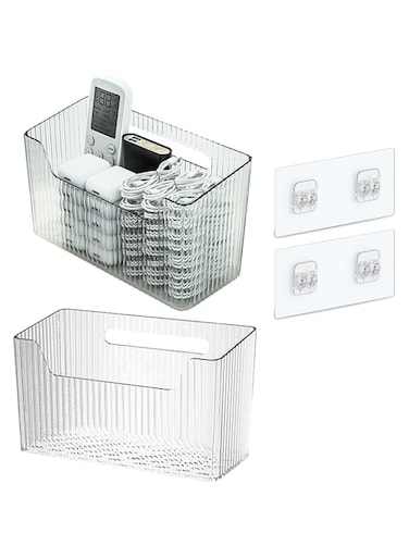 ALMEKAQUZ Storage Organizer Bins Wall Mounted Organizer Basket, Shower Caddy Stackable Clear Plastic Makeup Organizer Adhesive Hanging Bin for Bathroom, Kitchen, Cabinet, Pantry - BPA(2PCS)