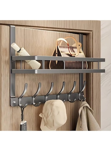 Over the Door Organizer Rack with Shelf and Hooks &acirc;&euro;&ldquo; Heavy Duty Metal Door Hanger for Coats, Hats, Bags &amp; Keys &acirc;&euro;&ldquo; Space Saving Storage Solution