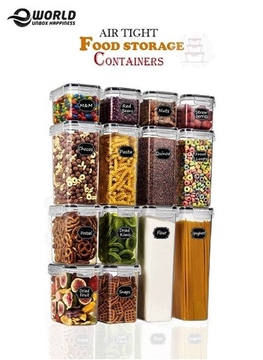 Pack of 14 Food Storage Container Space Saving Plastic Cereal Keeper with Air Tight Lid