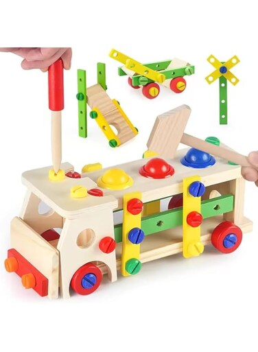 Wooden Screwing Blocks Game, Assembly Disassembly Engineering Car Puzzle, Educational Toy for Kids, Boys