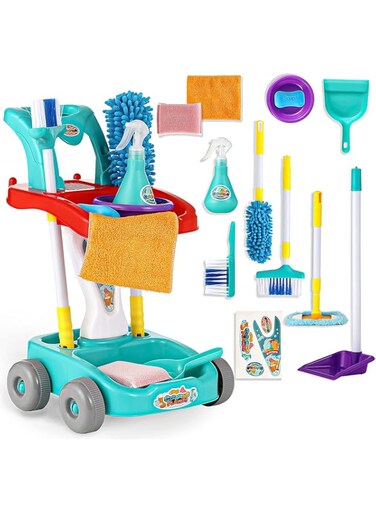 KLT Kids Cleaning Set, Pretend Play Detachable Housekeeping Cart, Cleaner Toddler Toys, Cleaning Supplies Toy for Kids Toddler Boy and Girl with Kids Broom Mop Dustpan Set Cleaning Tools 11 Pcs