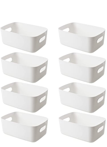 Set of 8 Plastic Storage Bins Basket Cabinet Organizer with Handle White