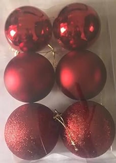 Christmas Decoration - Christmas Ball 6 pcs in a pack Red size 8cm 2 Nos matt balls, 2 nos shiny balls, 2 nos glitter balls. Great for hanging on christmas trees or other decorations.