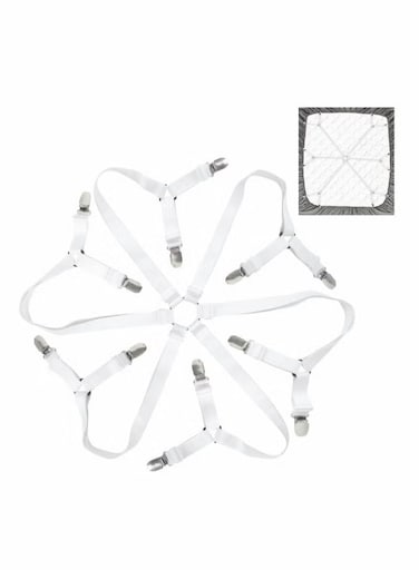 Sheet Holder Straps, Adjustable Premium Fitted Suspenders with 6 Way Cross Elastic Bands and Corner Clips, for Bedding Mattress Fasteners(White)