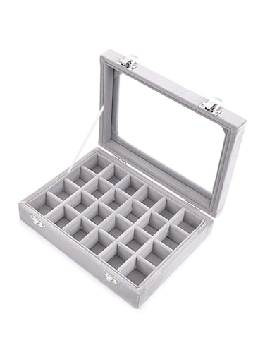 Ivosmart 24 Section Velvet Glass Jewelry Ring Display Organiser Box Tray Holder Earrings Storage Case (Grey)