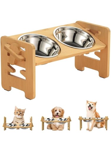 Fohome Elevated Dog Bowls, 15&deg; Tilted Raised Dog and Cat Food Bowls, Adjustable Heights Elevated Dog Bowls for Pet Food and Water, Anti Slip Dog Cat Feeder with 2 Stainless Steel Bowls