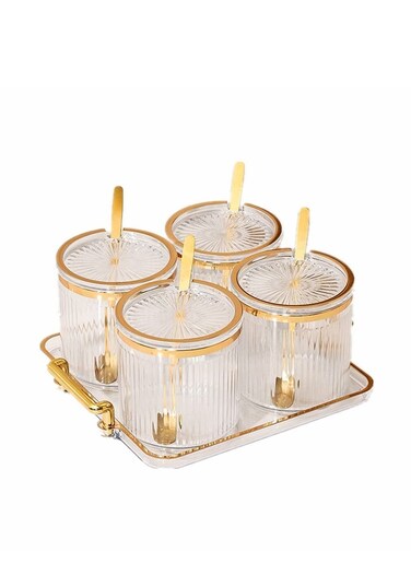 Acrylic Condiment Spice Jar, Condiment Spice Box with Lid, Spoon and Tray, Condiment Box 4 Piece, Kitchen Condiment Box Set