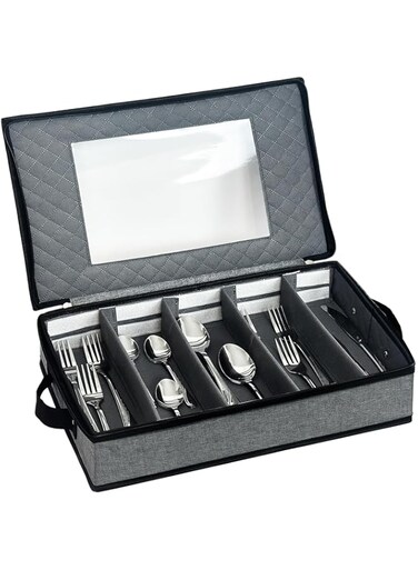 VERONLY Silverware Storage Box - Flatware Case Chest Box, 5 Compartment Tableware Cutlery Container with Removable PVC Lid and Easy to Carry Handles,Large Capacity Utensils(Light Grey)