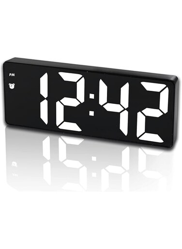 BananaHome Digital Alarm Clock for Bedroom,Mirror Surface LED Electronic Clocks,Snooze Model,Voice Control,12/24H Display,Adjustable Brightness,Office,Table,Bedside,USB Charging Port (Black)