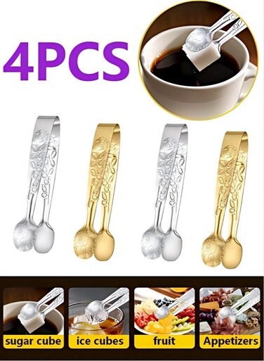 Ice Tongs Mini Sugar Tongs 4.33 Inch Tongs for Serving Food Small Serving Tongs, Kitchen Tongs for Appetizers,Tea Party, Coffee Bar, Desserts by (Silver and Gold)