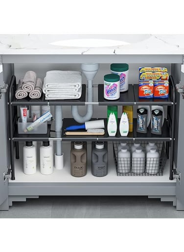 . Under Sink Kitchen Rack Expandable Cabinet Shelf Organizer Rack with Removable Panels for Kitchen Bathroom Storage