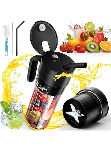 Rasam Alward Portable Blender &amp; juicer cup, Personal Blender for Shakes Smoothies with 6 Blades, 16oz USB Rechargeable Mini Blender, Handle, Straw Lid brushes, Blender for Anywhere, BPA Free (Black)