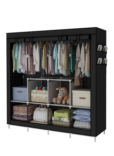 Portable Wardrobe, Wardrobe Shelves, Clothes Storage Organiser with 4 Hanging Rails, Black