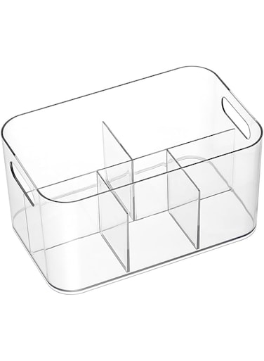 AOZITA 2 Pack, 5-Compartment Clear Plastic Bin - Divided Cosmetic Makeup Caddy Organizer - Multiuse Storage Container for Vanity, Bathroom, Kitchen, Pantry, Office, Craft, Cutlery Cabinet Organizing