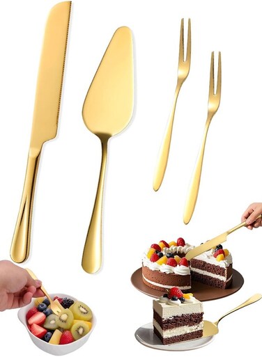 304 Stainless Steel Cake Cutting Set Gold Cake Knife Server with 2 Forks Professional Dessert Utensils for Weddings Anniversaries Eid Gatherings Dinner Parties Home Celebrations Cake Cheese Pie Pizza