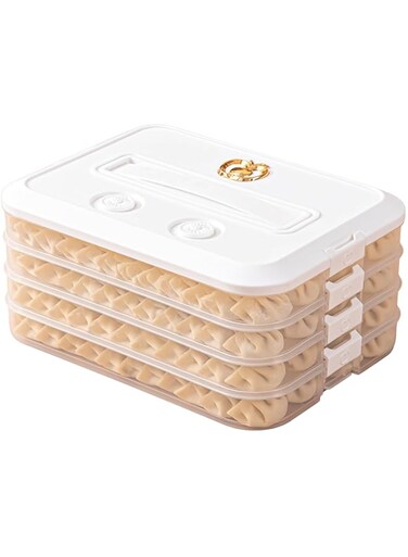 KASTWAVE 4-Layer Food Storage Container, Stackable Snack Container with Lid, Dumpling Box, Gyoza Container, Cookie Storage Containers, Good Sealing, Time Recoder, White