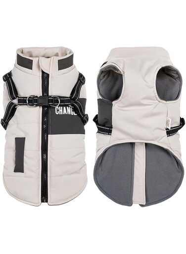 Dog Winter Jackets, Waterproof Dog Coat with Harness, Warm Dog Coats, Dogs Clothes, Reflective Doggie Apparel Puppy Cold Weather Vest for Small Medium Dogs (White, L)