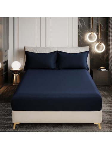 Bedding Fitted Sheet 3-Pcs Super King Size Solid Bed Sheet Set Fits(200x200CM) With Pillowcases And 35 CM Extra Deep Brushed Microfiber Bed Sheet,Navy