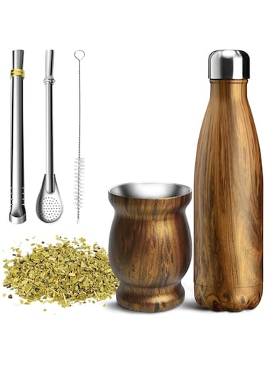 Tazweep Stainless Steel Mate Cup Set, 500ml Double-Insulated Thermos with Leakproof Lids, 230ml Double, Wall Coffee Heat Insulation Anti Scalding, for Travel, Picnic, &amp; Camping (5Pcs, Brown)