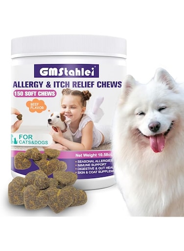 GMStahlei Dog Allergy Relief Chews - Omega-3 Fish Oil, 6 Probiotics &amp; Plant-Based Ingredients - Seasonal Allergy, Itchy Skin &amp; Ears Relief - Supports Digestion &amp; Immune Health - 300g/150 Chews