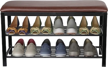 Shoe Rack Bench with Leather Seat,3 Tier Shoe Rack for Entryway, Metal Frame,Shoe Rack Bench Organizer with Mesh Seat