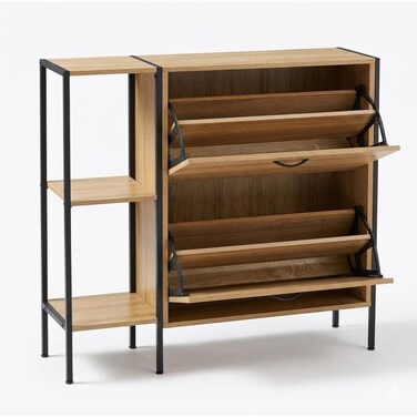 Tradeo Modern 2-Layer Tilting Shoe Cabinet with 3-Tier Side Storage Shelves &amp; Industrial Wood Frame