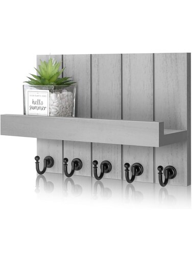 Rebee Vision Decorative Key and Mail Holder for Wall - Modern Key Hooks with Shelf and Mail Organizer Wall Mount for Frmhouse House Decor - Stylish Apartment Essentials (Light Gray)